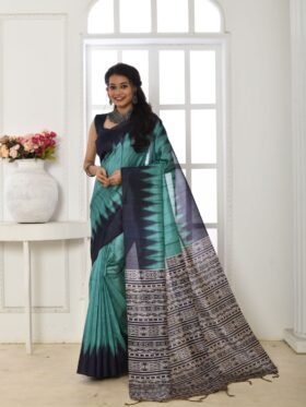 Saree- Soft Tussar silk saree with printed temple border and classic fabric pattern Saree