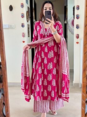 Kurti and plazzo With Dupatta- beautiful heavy suit set, beautifully decorated with intricate handwork on the neck. It is paired with matching pants.