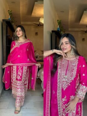 Kurti and Plazzo With Dupatta- Pure Chinnon Silk with Heavy Embroidery, Coding Dori, and Sequence Work with Full Sleeves Kurti With Pure Chinnon Silk with Embroidery, Coding Dori, and Sequence Work with Lace Border Dupatta