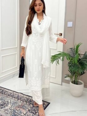 Kurti and Plazzo With Dupatta - Maslin with Work Cotton Thread Embroidery Work Kurti