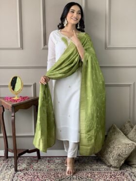 Kurti and Pant With Dupatta- Viscose Chanderi Fabrics Embllished With Premium Embroidery Work Kurti With Jaquard Silk Dupatta