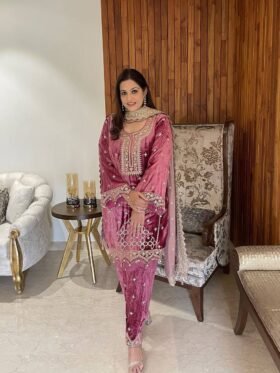 Kurti and Pant With Dupatta- Pure Heavy Viscose Velvet with Heavy Embroidery Sequence Work, Neck Moti Work, and Full Sleeves With Tebby Organza with Heavy Embroidery Sequence Work and Lace Border Dupatta