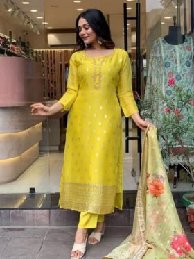 Kurti And Pant With Dupatta- Heavy Viscose Jaquard with Sequence Coding Embroidery Work Kurti With Heavy Jaquard Dupatta