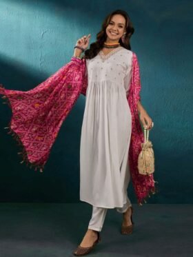 Kurti And Pant With Dupatta- Heavy Viscose Chanderi with Embroidery Work Kurti With Heavy Chinon Bandhni Print Dupatta