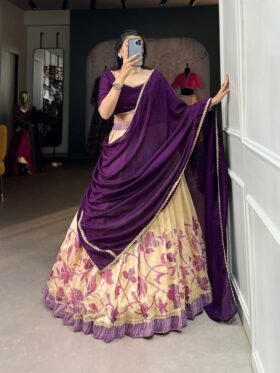 Lehenga Choli- Green Silk Fabrics And Printed with Lace Lehenga With Vichitra Silk Fabrics Dupatta