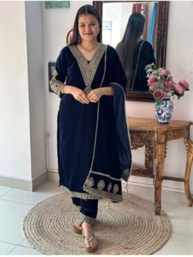 Kurti And Pant With Dupatta- Heavy Viscose Velvet with Heavy Embroidery Work Kurti With Dupatta