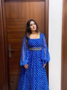 Gown-Blue Lehariya Printed Gown with Embroidered Belt Gown-Blue Lehariya Printed Gown with Embroidered Belt