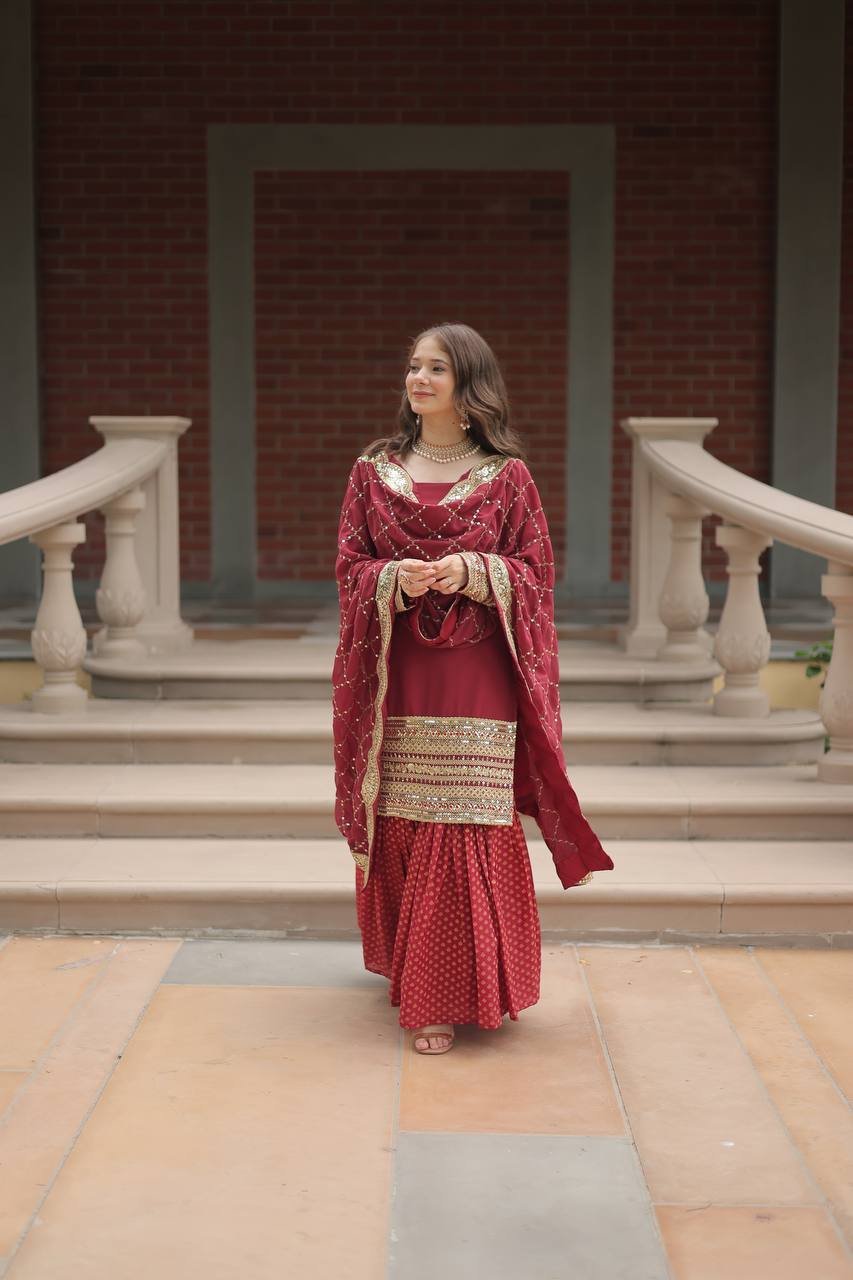 WhatsApp Image 2024-12-27 at 11.48.13 AM (1) Kurti And Sarara- Faux Georgette with Sequins & Thread Embroidered Work Kurti With Faux Georgette with Sequins Embroidered Arco Cutwork with Lace Border Dupatta