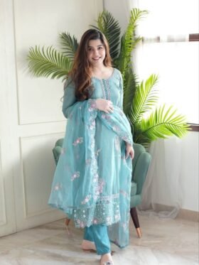 Kurti Pant With Dupatta- PURE CHINON FABRICS KURTI WITH TABBY ORGANZA DUPATTA