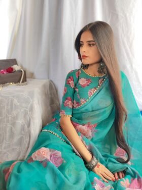 🌷 Saree georgette printed saree with Pearl lace border. 🌷Colour-Green-1