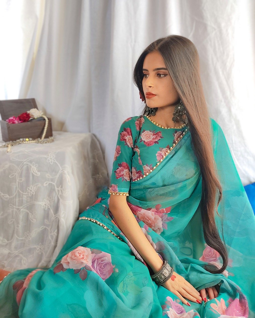 🌷 Saree georgette printed saree with Pearl lace border. 🌷Colour-Green-1 🌷 Saree georgette printed saree with Pearl lace border. 🌷Colour-Green-1