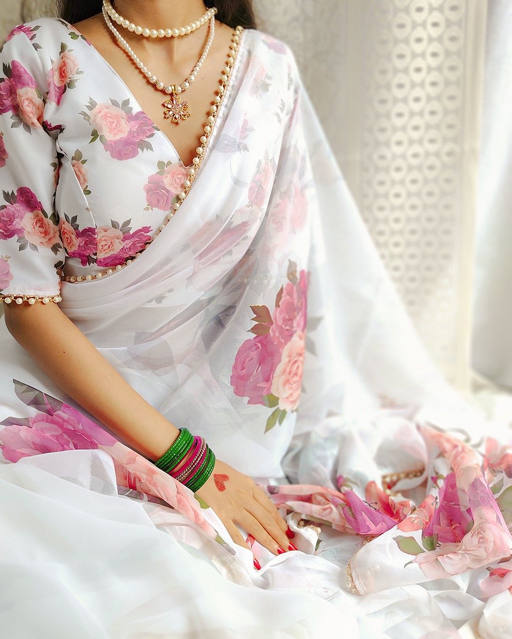🌷 Saree georgette printed saree with Pearl lace border. 🌷Colour-White1 🌷 Saree georgette printed saree with Pearl lace border. 🌷Colour-White1