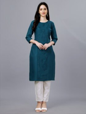 Straight Kurti- Cotton Magic Slub Fabrics With Embroidery Work Straight Kurti