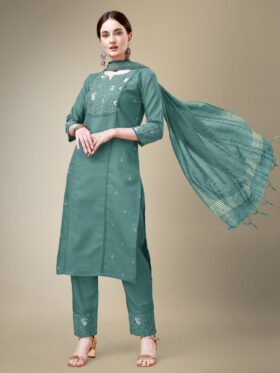 Kurti Pant Dupatta Set- Cotton Blend with Embroidery & Fancy Lace Work Kurti Pant Dupatta Set