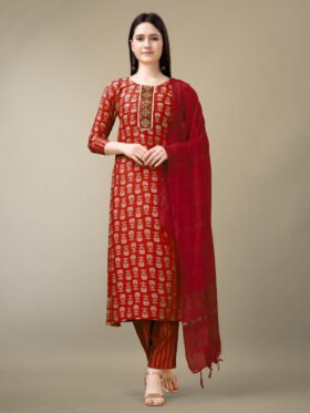 Kurti Pant Dupatta Set- Rayon Print with Embroidery & Fancy Lace Work Kurti Pant Dupatta Set