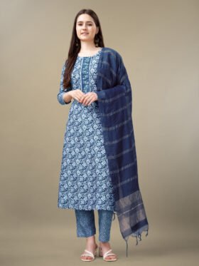 Kurti Pant Dupatta Set- Rayon Print with Embroidery & Fancy Lace Work Kurti Pant Dupatta Set