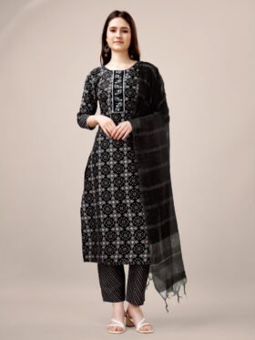 Kurti Pant Dupatta Set- Rayon Print with Embroidery & Fancy Lace Work Kurti Pant Dupatta Set