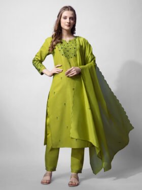 Kurti Pant Dupatta Set- Cotton Blend with Embroidery Work Kurti Pant Dupatta Set