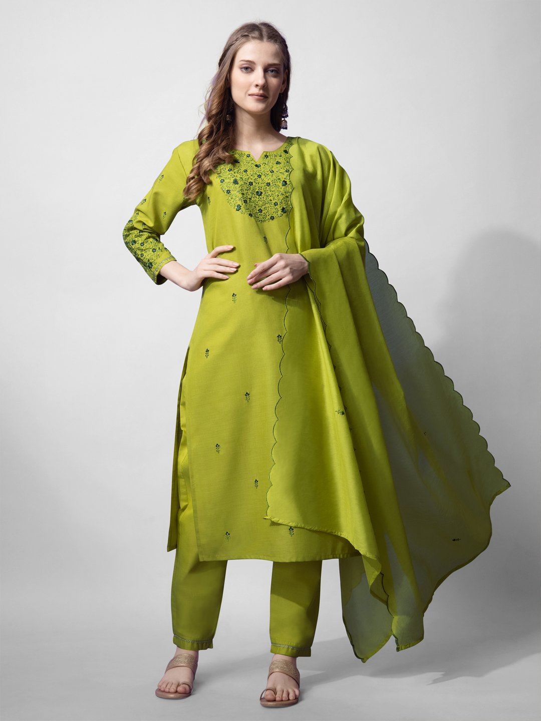 1152 Parrot_A Kurti Pant Dupatta Set- Cotton Blend with Embroidery Work Kurti Pant Dupatta Set