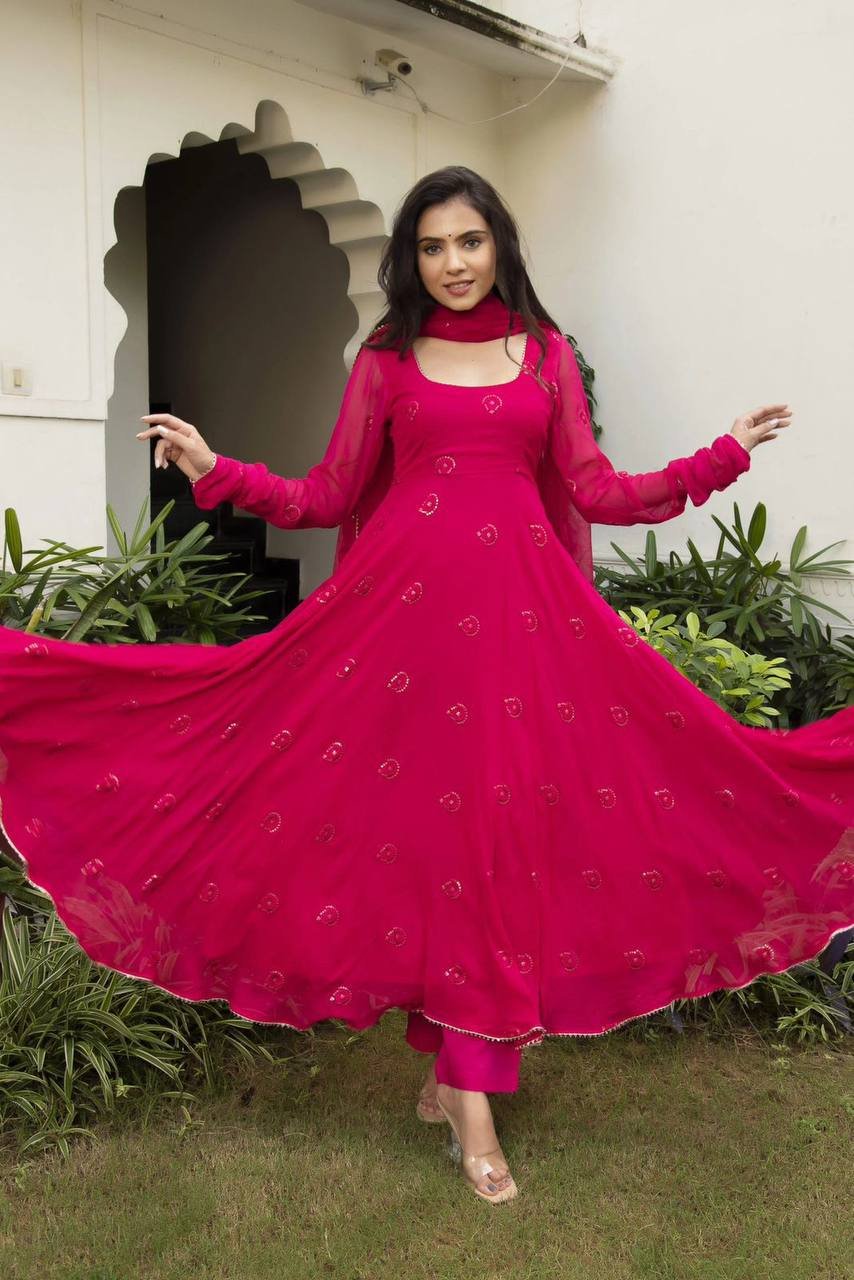 6289540243178766546 Kurti- Anarkali Flower print Grorgett with Work Dupatta And Lace