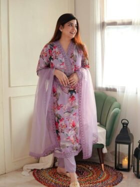 Kurti- Beautiful printed silk suit set with organza dupatta for casual and elegant look