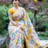 Saree-Linen With Gold Jari And Digital Prints