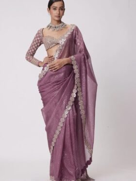 SAREE- HEAVY SOFT GEORGETTE FABRIC ON BEAUTIFUL EMBRODERY SEQUANCE WITH CODING WORK IN LACE SAREE