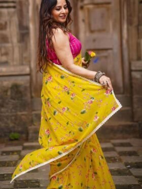 Saree-Plain Linen And Digital Prints Saree