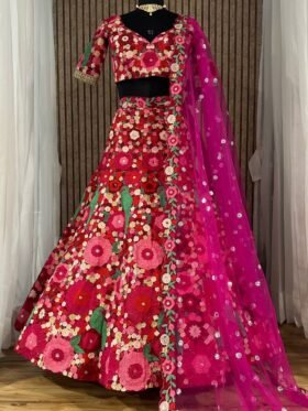 Lehenga Choli- Tapeta velvet lehnga with chainstitch embroidery & sequins work Lehenga With Net Duppata with chainstitch embroidery & sequins work