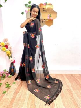 SAREE- Pure Z black Satin chiffon fabric having multi coloured thread embroidery with attached Tessels Saree