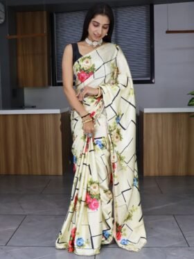 SAREE-Heavy Japan Satin Fabrics And Geomatric Chex Printed With Moti Lace Pearl Lace saree♠️