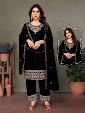 Kurti Pant And Dupatta- Pure Heavy Velvet Fabrics With Heavy Embroidery Work All Over Kurti