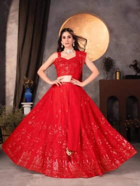 Lehenga Choli- Faux Georgette with intricate embroidered sequence design Lehenga With Faux Georgette featuring matching embroidered sequence design Dupatta