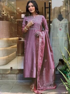 Kurti Pant And Dupatta-HEAVY viscose Roman SILK Fabrics And hand embroidery, Zari weaving Kurti Pant With Dupatta