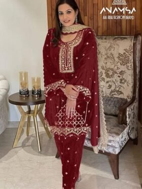 Kurti Pant And Dupatta- Heavy Pure Velvet Fabrics With Heavy Embroidered Very Beautiful Design And Sequence Work With Very Beautiful Pure Organza Heavy Fancy Dupatta with Fancy Embroidery