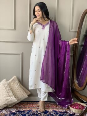 Kurti Pant And Dupatta Set-Chanderi Fabrics And Embroidery Coding Work Kurti With Nylon Chanderi And Border Work