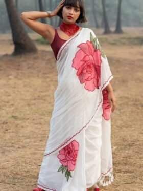 SAREE- Plain Linen Fabrics With Hand Work And Digital Prints Saree