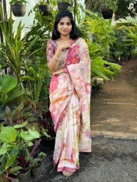 SAREE- Linen With Gold JARI Border And Digital Prints Saree