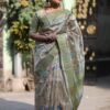 SAREE-SOFT TUSSAR SILK FABRICS BEAUTIFUL PRINT AND GHICHA PALLU WITH CONTRAST BLOUSE