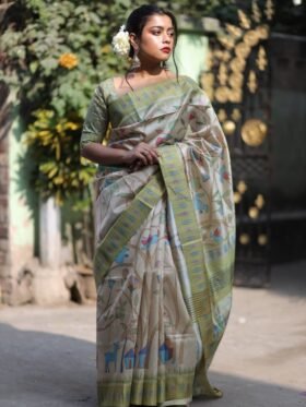 SAREE-SOFT TUSSAR SILK FABRICS BEAUTIFUL PRINT AND GHICHA PALLU WITH CONTRAST BLOUSE