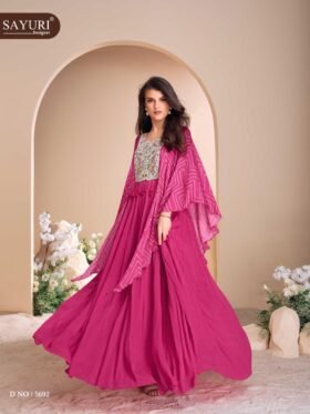 GOWN- FULL HEAVY LOOK HAND MOTI EMBROIDERED CHINON SILK GOWN WITH DIGITAL SELEEVES