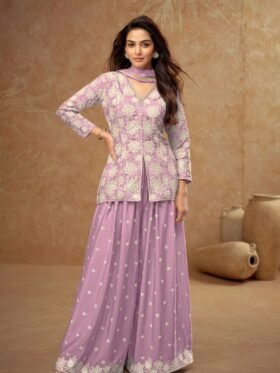 Kurti Plazzo And Dupatta-Real Chinon Fabrics Embroidery Work