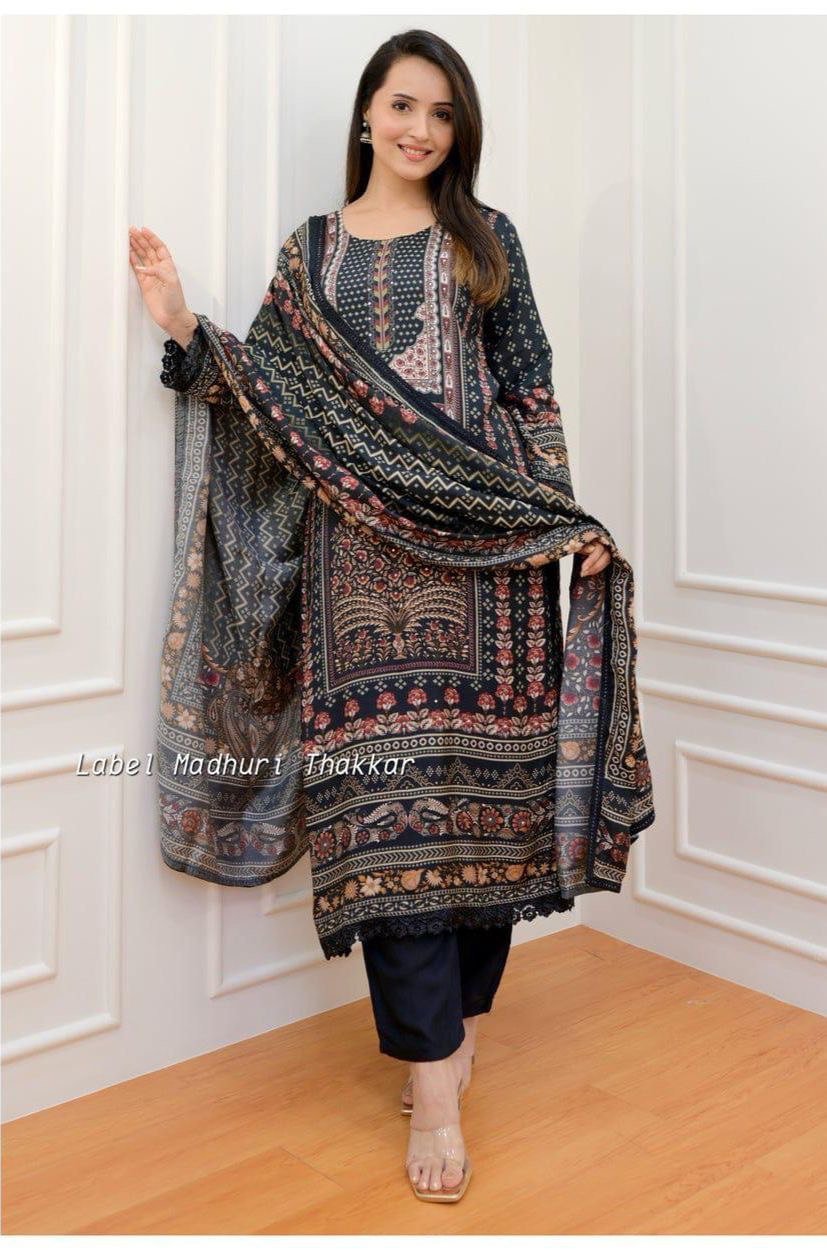 WhatsApp Image 2025-01-09 at 4.11.54 PM Kurti Pant And Dupatta- Beautiful Heavy quality Muslin Silk Fabric designer festive wear kurti pant and duppta with Crossia Lace work with lining