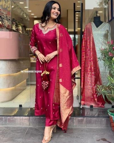 WhatsApp Image 2025-01-09 at 4.12.49 PM Kurti Pant And Dupatta- Beautiful Heavy quality Banana Silk Fabric designer kurti pant and dupatta with zari and Jacquard work with lining