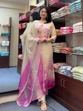 Kurti Pant And Dupatta- Beautiful Heavy quality Muslin Silk Fabric designer kurti pant and duppta with hand work and moti work with lining