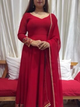 GOWN- PURE FAUX GEORGETTE SILK FABRICS AND SEQUENCE EMBROIDERY WORK GOWN WITH HEAVY EMBROIDERY WORK AND FANCY LACE BORDER DUPATTA