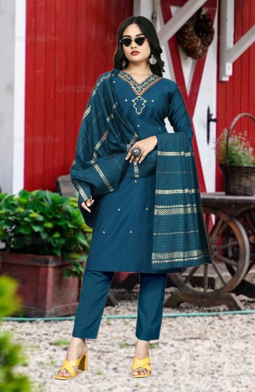 WhatsApp Image 2025-01-10 at 9.53.37 AM Kurti Pant And Dupatta- Heavy Roman silk (cotton) fabric with Multi Needle and Codding Emb Work Kurti with silk inner(Fully stitched)