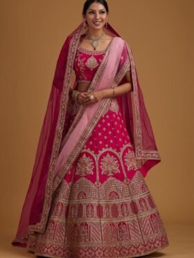 Lehenga Choli- Pink Malai Satin Lehenga Choli Set with Embroidered Dupatta