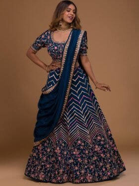 Lehenga Choli- Blue Maroon Satin Lehenga Choli Set with Georgette Dupatta