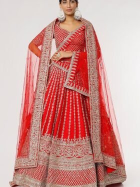 Lehenga Choli- Red Satin Lehenga Choli Set with Net Dupatta